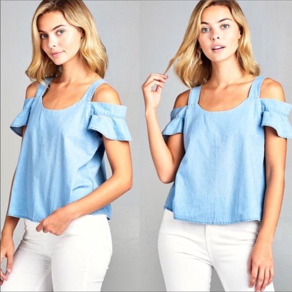 Last 1❣Chambray Cold Shoulder Ruffle Top - Picture 2 of 6